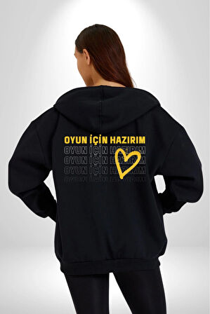 Oyun İçin Hazırım Kalp Kadın Erkek Siyah Kapüşonlu Fermuarlı Baskılı Hırka Sweatshirt