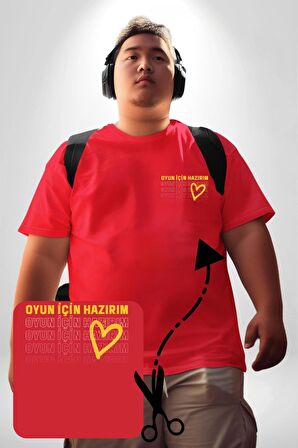Oyun İçin Hazırım Kalp Kırmızı Büyük Beden Kadın Basic Minimal Baskılı Tişört