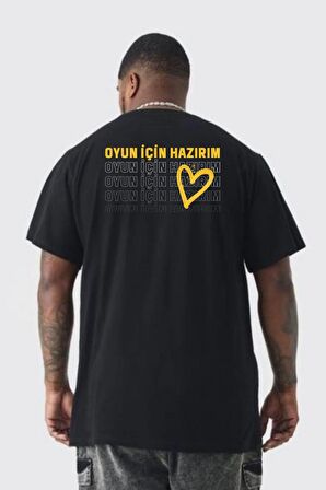Oyun İçin Hazırım Kalp Büyük Beden Siyah Tişört Kadın Erkek Ünisex Sırt Baskılı