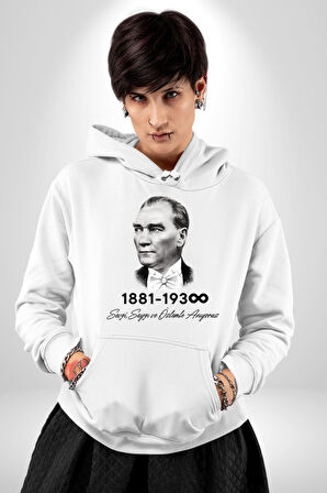 Atatürk 10 Kasım Anma Kadın Erkek  Beyaz Kapüşonlu Sweatshirt Hoodie