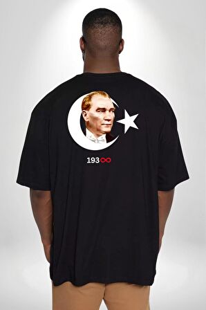 Atatürk Türk Bayrağı Sonsuzluk Büyük Beden Siyah Tişört Kadın Erkek Ünisex Sırt Baskılı