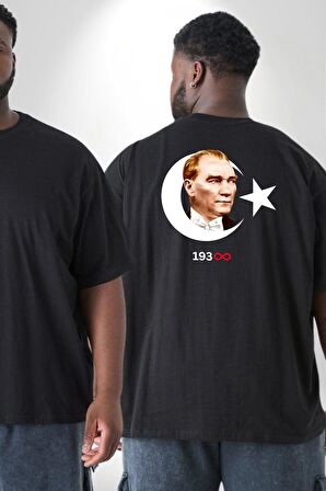 Atatürk Türk Bayrağı Sonsuzluk Büyük Beden Siyah Tişört Kadın Erkek Ünisex Sırt Baskılı
