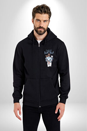 Süper Anne Anneler Günü Doğum Hediyesi Kadın Erkek Siyah Kapüşonlu Fermuarlı Baskılı Hırka Sweatshirt