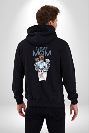 Süper Anne Anneler Günü Doğum Hediyesi Kadın Erkek Siyah Kapüşonlu Fermuarlı Baskılı Hırka Sweatshirt
