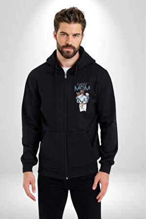 Süper Anne Anneler Günü Doğum Hediyesi Kadın Erkek Siyah Kapüşonlu Fermuarlı Baskılı Hırka Sweatshirt