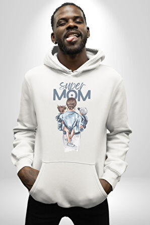 Süper Anne Anneler Günü Doğum Hediyesi Kadın Erkek  Beyaz Kapüşonlu Sweatshirt Hoodie