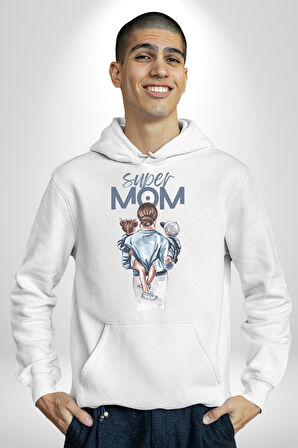 Süper Anne Anneler Günü Doğum Hediyesi Kadın Erkek  Beyaz Kapüşonlu Sweatshirt Hoodie