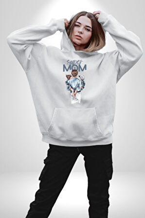Süper Anne Anneler Günü Doğum Hediyesi Kadın Erkek  Beyaz Kapüşonlu Sweatshirt Hoodie