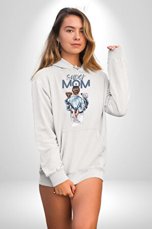 Süper Anne Anneler Günü Doğum Hediyesi Kadın Erkek  Beyaz Kapüşonlu Sweatshirt Hoodie