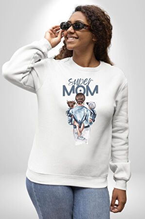 Süper Anne Anneler Günü Doğum Hediyesi Kadın Erkek Beyaz Sweatshirt 