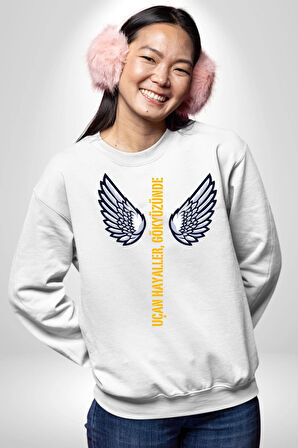 Uçan Hayaller Gökyüzünde Melek Kanatları Kadın Erkek Beyaz Sweatshirt 