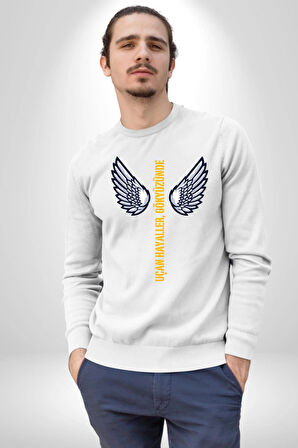 Uçan Hayaller Gökyüzünde Melek Kanatları Kadın Erkek Beyaz Sweatshirt 