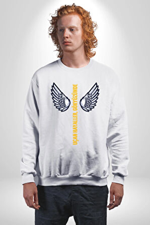 Uçan Hayaller Gökyüzünde Melek Kanatları Kadın Erkek Beyaz Sweatshirt 