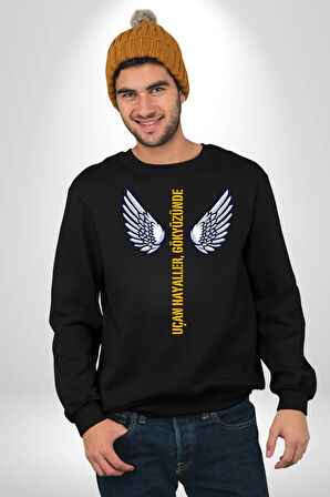 Uçan Hayaller Gökyüzünde Melek Kanatları Kadın Erkek Siyah Sweatshirt 