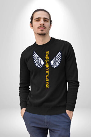 Uçan Hayaller Gökyüzünde Melek Kanatları Kadın Erkek Siyah Sweatshirt 