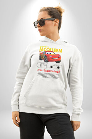 Araba Mcqueen Kadın Erkek  Beyaz Kapüşonlu Sweatshirt Hoodie