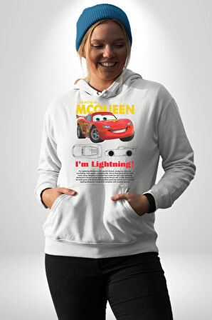Araba Mcqueen Kadın Erkek  Beyaz Kapüşonlu Sweatshirt Hoodie
