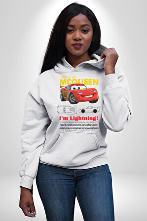 Araba Mcqueen Kadın Erkek  Beyaz Kapüşonlu Sweatshirt Hoodie