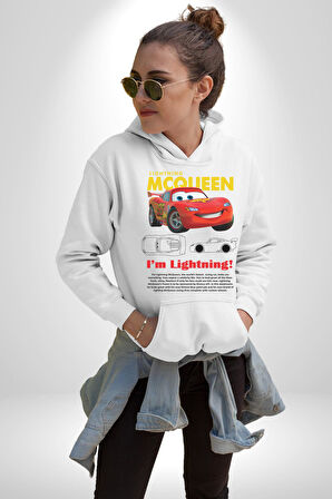 Araba Mcqueen Kadın Erkek  Beyaz Kapüşonlu Sweatshirt Hoodie