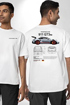 Porche 911GT3 RS Yarış Araba Beyaz Oversize Kadın Erkek Ön ve Sırt Baskılı Tişört