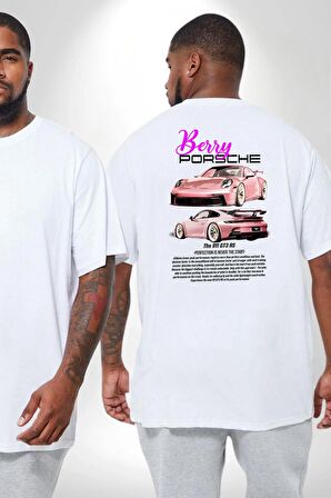 Pembe Porshe Berry The 911 GT3 RS Araba Büyük Beden Beyaz Tişört Kadın Erkek Ünisex Sırt Baskılı