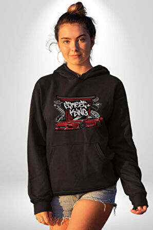 Japon Sokak Yarış Kralı  Kadın Erkek  Siyah Kapüşonlu Sweatshirt Hoodie