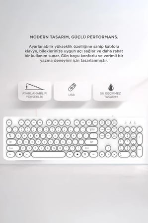 İnce Profil Nostaljik Model Yazım Gereci Kablolu Q Klavye Retro Daktilo Görünümlü TK09 Beyaz