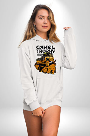 Camel Kupası Land Rover Defender 110 Kadın Erkek  Beyaz Kapüşonlu Sweatshirt Hoodie