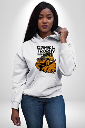 Camel Kupası Land Rover Defender 110 Kadın Erkek  Beyaz Kapüşonlu Sweatshirt Hoodie