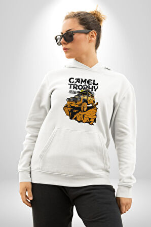 Camel Kupası Land Rover Defender 110 Kadın Erkek  Beyaz Kapüşonlu Sweatshirt Hoodie