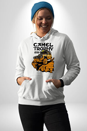 Camel Kupası Land Rover Defender 110 Kadın Erkek  Beyaz Kapüşonlu Sweatshirt Hoodie