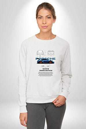 Porsche 911 GT3 Blue Kadın Erkek Beyaz Sweatshirt 