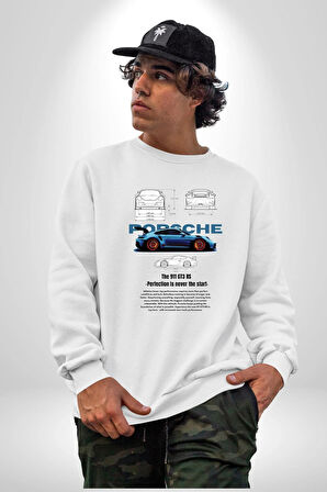 Porsche 911 GT3 Blue Kadın Erkek Beyaz Sweatshirt 