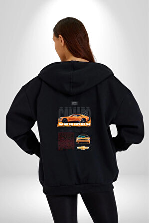 Camaro Chevrolet Kadın Erkek Siyah Kapüşonlu Fermuarlı Baskılı Hırka Sweatshirt