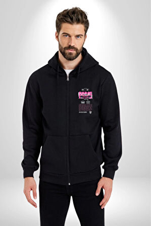  Kadın Erkek Siyah Kapüşonlu Fermuarlı Baskılı Hırka Sweatshirt