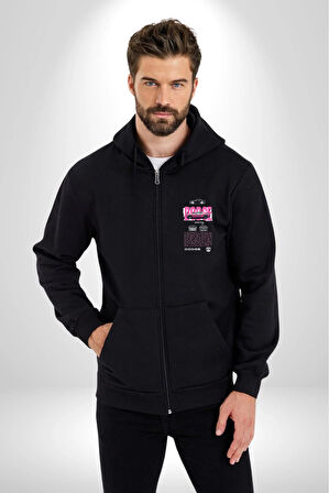  Kadın Erkek Siyah Kapüşonlu Fermuarlı Baskılı Hırka Sweatshirt