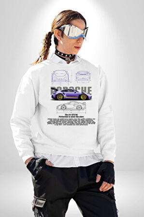 Porsche 911 GT3 Kadın Erkek Beyaz Sweatshirt 