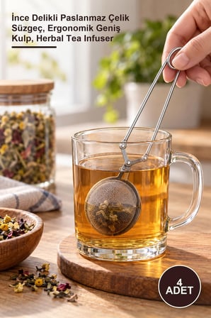 4 Adet Bitki Çayı Demleme Süzgeci – İnce Delikli Paslanmaz Çelik Süzgeç, Ergonomik Geniş Kulp, Herbal Tea Infuser