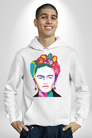 Frida Çiçek Taç Kadın Erkek  Beyaz Kapüşonlu Sweatshirt Hoodie