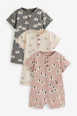 % 100 Pamuklu Monochrome Elephant Romper Set 3’lü