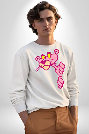 Pembe Panter Animasyon Kadın Erkek Beyaz Sweatshirt 