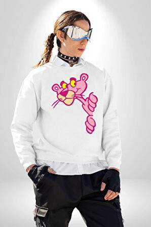 Pembe Panter Animasyon Kadın Erkek Beyaz Sweatshirt 
