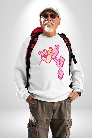 Pembe Panter Animasyon Kadın Erkek Beyaz Sweatshirt 