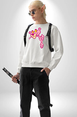 Pembe Panter Animasyon Kadın Erkek Beyaz Sweatshirt 