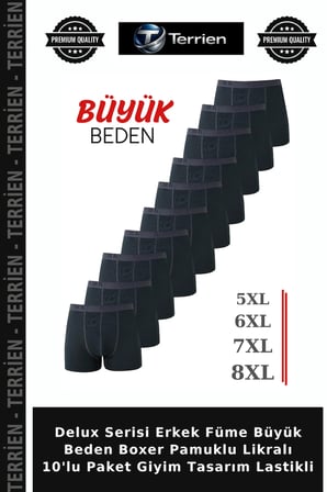 Delux Serisi Erkek Füme Büyük Beden Boxer Pamuklu Likralı 10'lu Paket Giyim Tasarım Lastikli