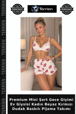 Premium Mini Şort Gece Giyimi Ev Giysisi Kadın Beyaz Kırmızı Dudak Baskılı Pijama Takımı