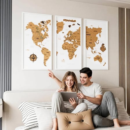 Çerçeveli Mantar Pano Dünya Haritası - Ev Ofis Duvar Dekoru 111x72 cm