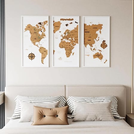 Çerçeveli Mantar Pano Dünya Haritası - Ev Ofis Duvar Dekoru 111x72 cm
