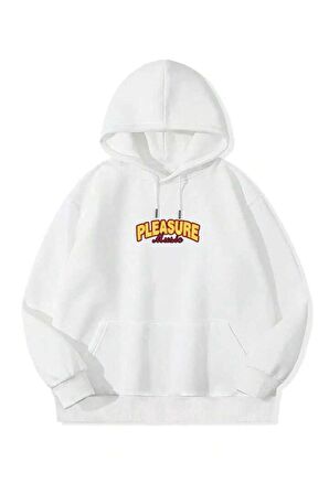 Unisex Yazı Baskılı Kapüşonlu Beyaz Sweatshirt