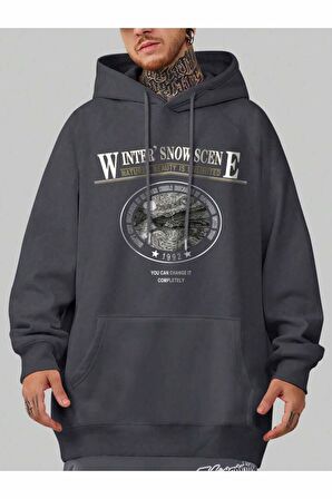 Unisex Winter Snow Scene Baskılı Kapüşonlu Antrasit Gri Sweatshirt